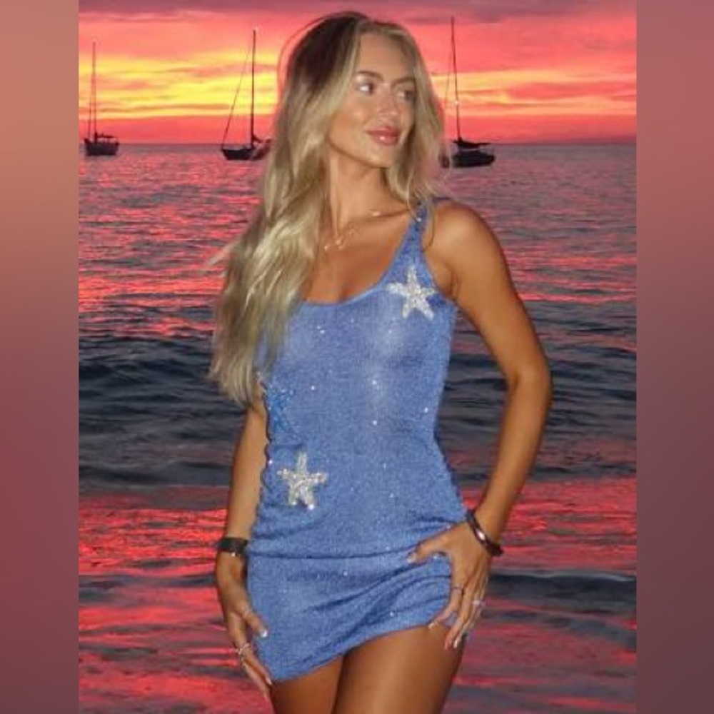 White Fox Gen Z Love Sequin Knit Mini Dress Blue - Picture 2 of 5